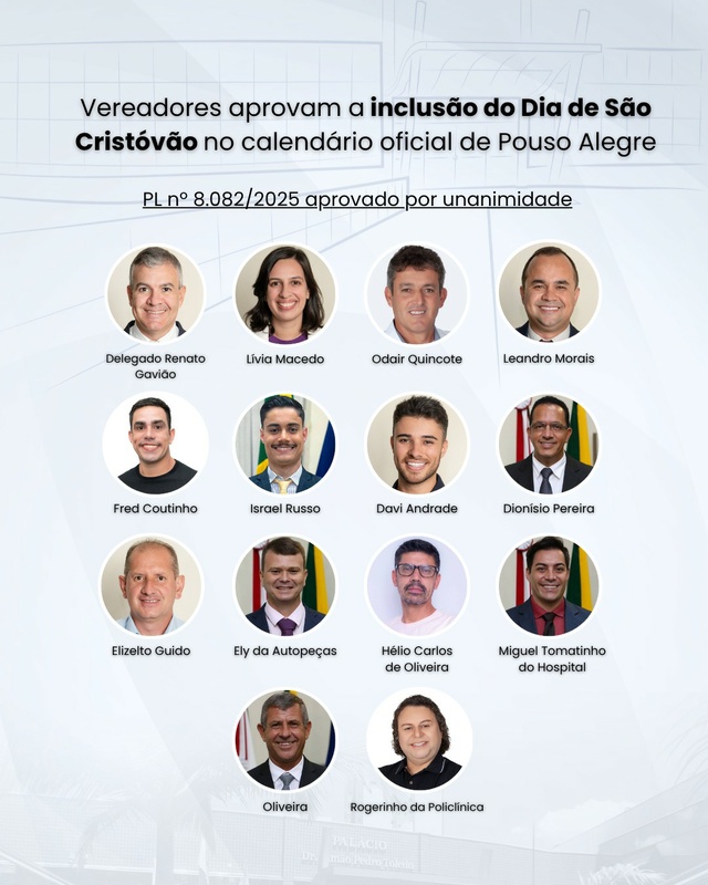 Vereadores aprovam a inclusão do Dia de São Cristóvão no calendário oficial de Pouso Alegre 